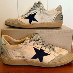 Golden Goose White and Gold Sneakers with Navy star